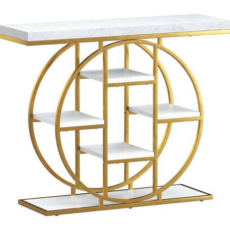 Table console d'entrée industrielle - 100 x 30 x 81,5 cm, blanc - 6 étagères de rangement et plateau 4 cm - Meuble d'entrée pour salon, couloir - Design moderne (1/5)