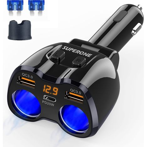 Adaptateur Fente Allume-Cigare - 180 W - 2 Prises Allume-Cigare + 1 Port USB C PD 20 W + 2 Ports USB QC3.0 - Pour Voiture Caméra Dashcam GPS - 1 Pièce (1/5)