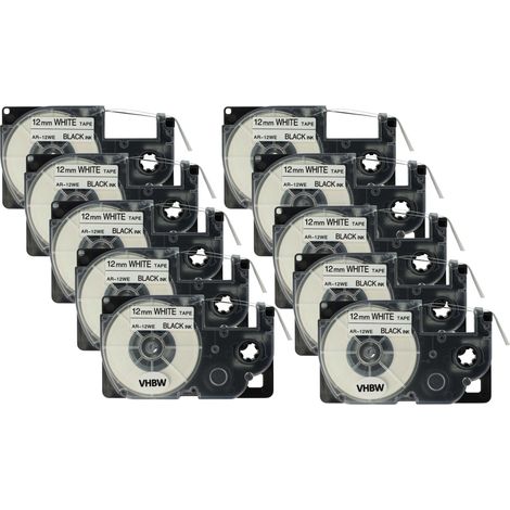 vhbw 10x Label Tape Replacement for Casio XR-12WE, XR-12WE1 for Label Printer 8m x 12 mm, Black on White (1/4)
