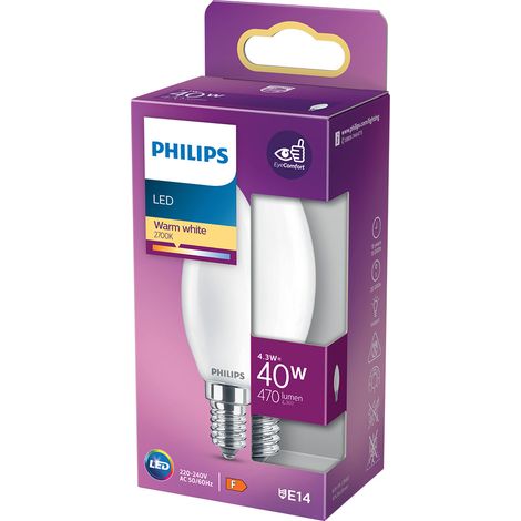 LAMPADA A LED 'OLIVA' CALDA 2700K 4,3 W=40W E14 - 470 lm- 4 pezzi  - PHILIPS