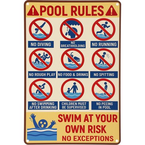 Panneau Règles de Piscine, 20x30cm Alliage D'aluminium Baignade à Vos Risques et Périls Sans Exception Réfléchissant et Imperméable Décoration Rétro pour Piscine Extérieure Terrasse Jardin Plage (1/5)