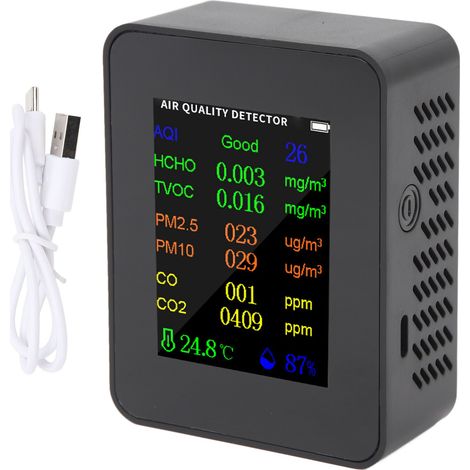 Détecteur de qualité d'air CO2, mesureur précis CO/CO2/PM2.5/TVOC/HCHO, température/humidité, mode alarme, noir (1/5)
