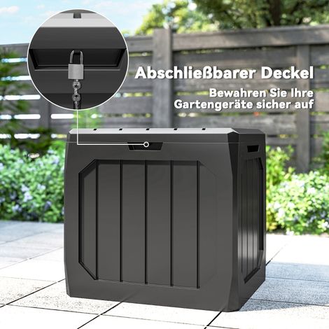 Coffre de rangement jardin 121L en plastique, boîte de stockage extérieure noire avec poignées, résistant aux intempéries (1/5)