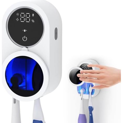 Electric Toothbrush Holder Wall Mounted with UV Sanitizer and Drying, Rechargeable Toothbrush Sterilizer, Smart LED Screen, Wall Mount No Drilling for 2 Toothbrushes (1/5)