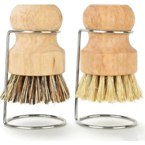 2 brosses à vaisselle courtes, manches en bambou, poils en sisal et fibres de coco, nettoyage écologique évier cuisine