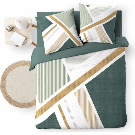 Parure de lit 3 pièces ZÉPHYRA Vert – 240 x 220 cm + 2 taies – 100 % coton 42 fils/cm² (1/4)