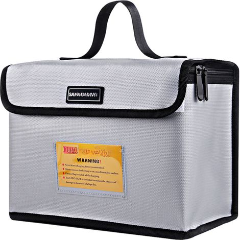 Estuche protector portátil, ignífugo y a prueba de explosiones para baterías LiPo, con amplio compartimento de almacenamiento y carga, cremallera metálica doble, 260 x 130 x 190 mm. (1/5)