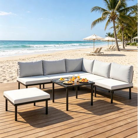 Salon de jardin modulable 6 pièces avec table basse, coussins, gris clair et noir HAVRYA (1/5)