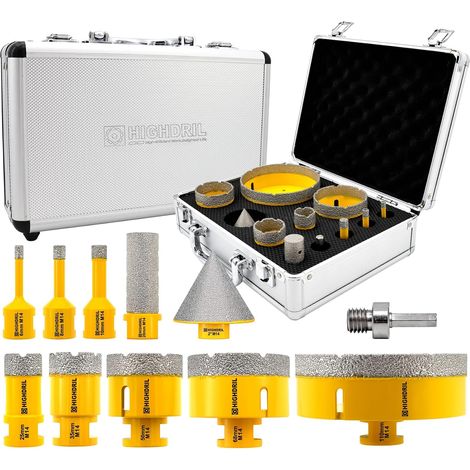 Foret Diamant Kit 11pcs(6/8/10/25/35/50/68/110mm Mèches Diamantées+20mm Fraise Diamant+50mm Mèches de Chanfrein+Adaptateur) Scie Cloche pour Carrelage Céramique Porcelaine Marbre Granit (1/5)