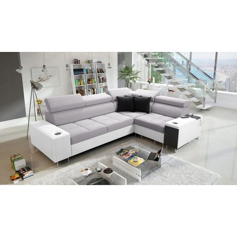 Elegantes Ecksofa mit Konsole und Ladegerät MORENA II Kunstleder/Sawana Weiß/Hellgrau Rechts (1/5)