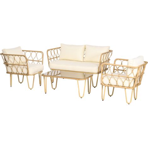 Canapé 2 places + 2 fauteuils + table basse verre trempé salon jardin 7 coussins écru