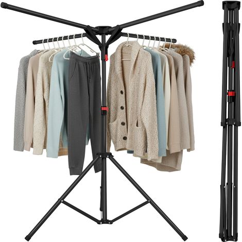 Portant à Vêtements, 4 bras rétractables, pliable, Charge Max.80 kg, pour les balcons, les salles de bains, les buanderies ou les vérandas, Noir (1/5)