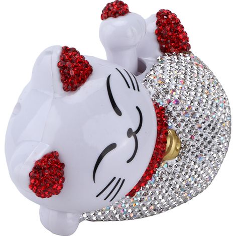 Figurine porte-bonheur chat de la fortune, décoration intérieure de voiture, strass brillants, ornement universel pour console centrale et tableau de bord, rouge (1/5)
