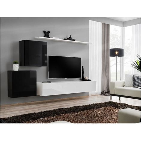 Ensemble meuble TV mural  - Switch V - 250 cm  x 150 cm  x 40 cm - Noir et blanc - Livraison gratuite