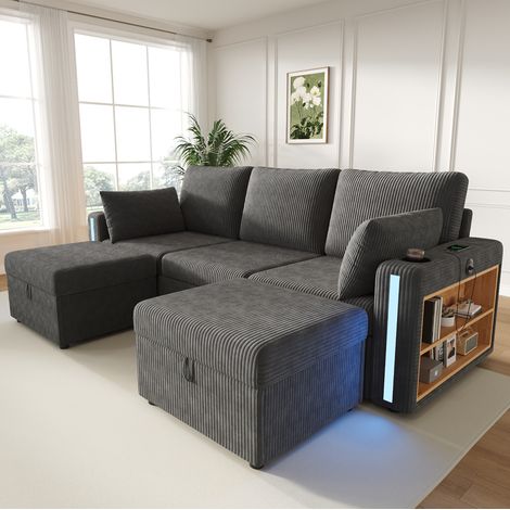Sofá modular en U/L, 5-6 plazas, gris, 2 pufs baúl, LED, USB/Type-C y almacenaje (1/5)