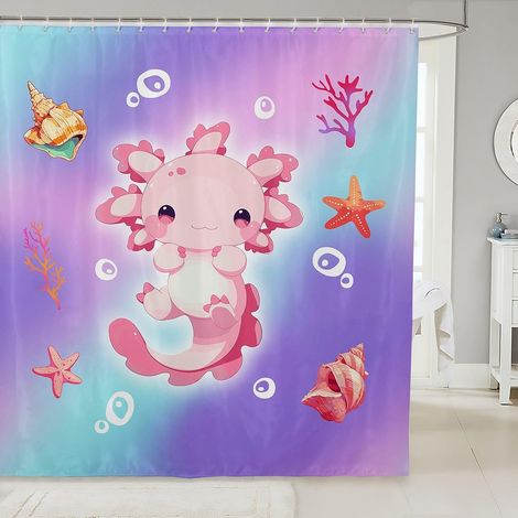 Rideau Douche 180x210cm Axolotl Fille Rideaux de Douche Salamandre Kawaii Rideau de Baignoire Étoile de Mer Coquillage Rideaux Salle de Bain Faune Monde sous Marin - 180L X 210H cm (1 Panneaux) (1/5)