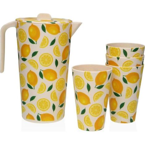 VERSA vasos y jarra limones polipropileno 380 ml , Set de vasos y jarra Limones de 380 ml, un conjunto práctico y decorativo que aporta un estilo mediterráneo fresco y alegre a cua