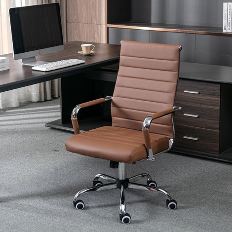 UEV – Chaise de bureau ergonomique en cuir PU – Hauteur réglable 101-111 cm – Accoudoirs et roulettes – Support jusqu'à 150kg – Design moderne brun (1/5)