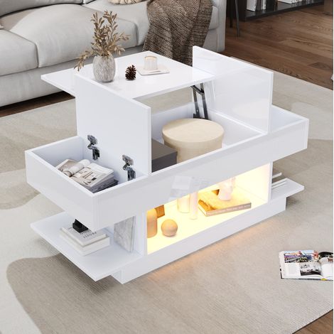 Couchtisch (98 x 45 x 40 cm), höhenverstellbar, mit LED Beleuchtung, Hochglanz, Spanplatte, Weiß (1/5)