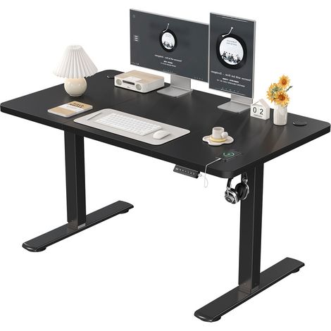 Bureau debout réglable en hauteur DEVOKO, table debout 120 x 60 cm, bureau avec planche d'épissure, cadre noir/plateau noir (1/5)