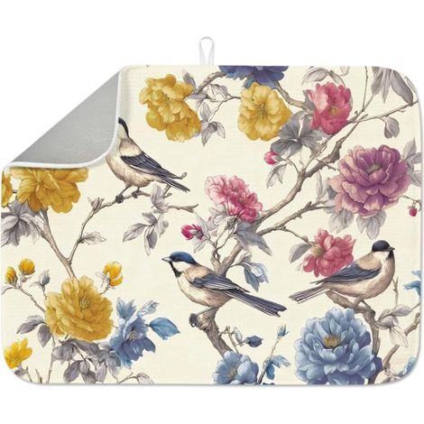 Tapis de séchage rétro en microfibre absorbant pour comptoir de cuisine, motif floral, papillons, résistant à la chaleur, 60 x 45 cm, séchage rapide pour comptoir de cuisine (1/5)
