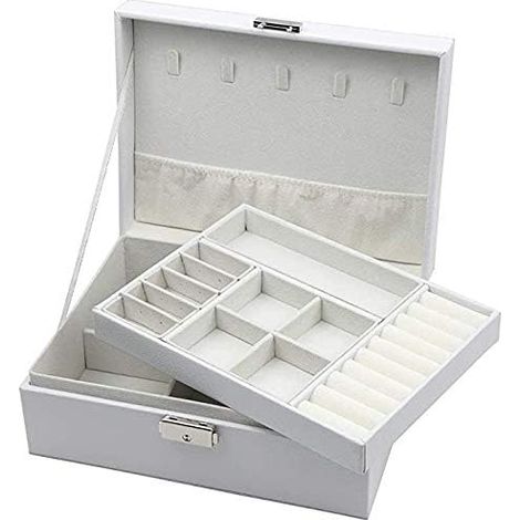Boîtes à bijoux Boîte à bijoux 2 couches Boîtes à bijoux en cuir pour femmes Filles Adolescents Boîte de rangement pour bijoux Boîte de rangement pour bijoux avec serrure (blanc)