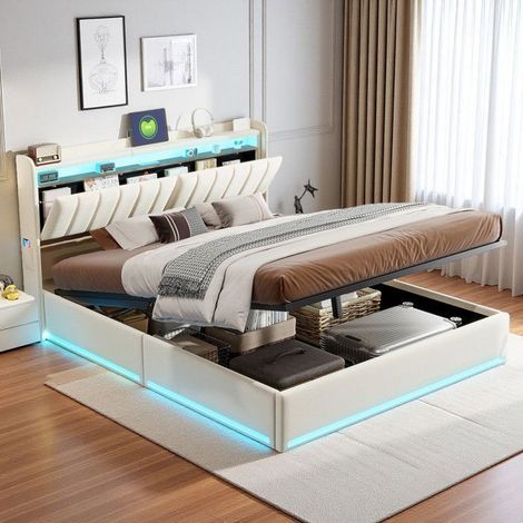 Cama con cofre - Cama neumática 140x200 - Terciopelo beige acolchado - LED RGB y USB - Almacenamiento hidráulico