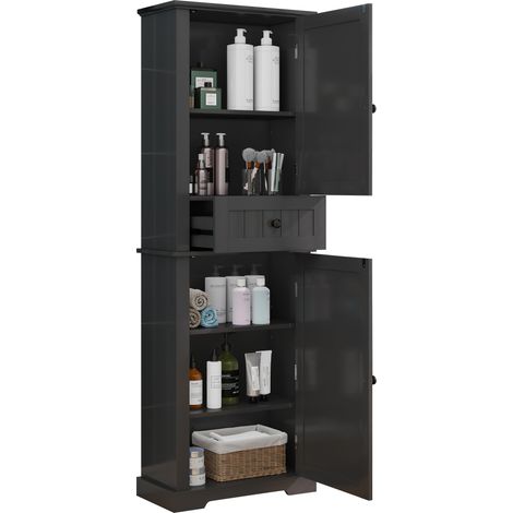 Meuble de salle de bains 56 x 28 x 167.3 cm, entièrement laqué résistant à l’humidité, éléments haut et bas + tiroir central, étagères réglables, poignées noires, noir. (1/5)