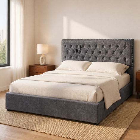 Lit 140x200 avec rangement sous le lit en velours gris HAVRYA (1/5)
