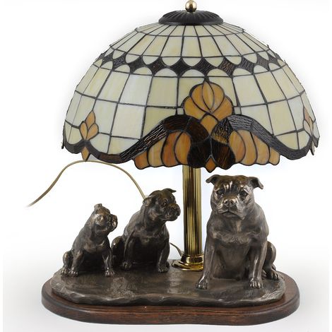 American Staffordshire Terrier, Amstaff, Amstaf: lámpara con pantalla de cristal de colores, lámpara de mesa con figura de perro, diseño interior retro de Art-Dog (1/3)