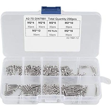 Kit de 230 Vis M2 Inox 304 Tête Plate Cylindrique avec Écrous Assortis Boulons en Acier Inoxydable (1/4)