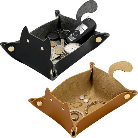 2 Pcs Plateau Bijoux Mignon Cuir Pu Plateau Rangement Pliable Bol Bijoux Stockage Clés Organisateur Tasse Cuir Plateau Rangement Vide Poche Cartoon Bureau Plateau Cuir (chat) (1/5)