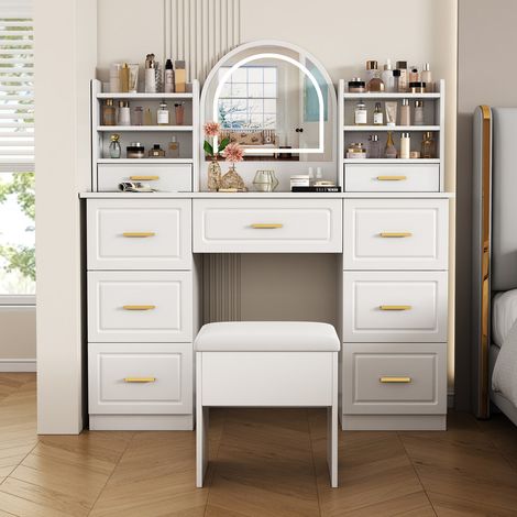 Coiffeuse avec miroir 120x40x135 cm - Avec éclairage LED - Avec 9 tiroirs - Blanc