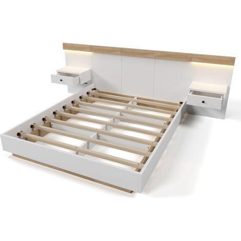 Lit double 140 x 200 cm avec 2 chevets LED et prise USB-C, blanc chêne Sonoma (1/5)