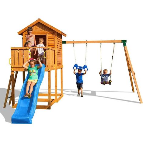 Casetta in legno bambini con scivolo Fungoo MyHOUSE MOVE + in legno per giardino (1/5)