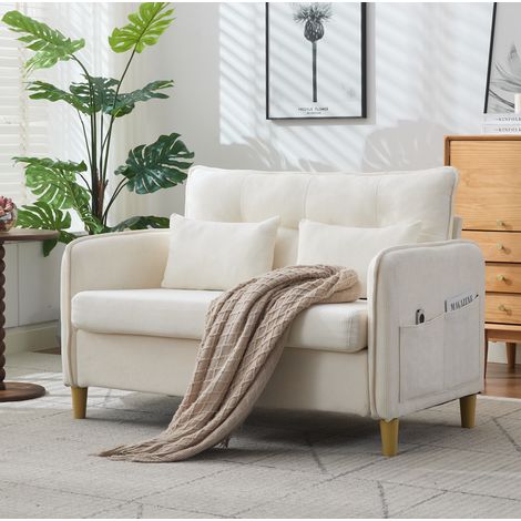 Sofá de 2 plazas 127 cm beige en chenilla con bolsillos laterales, cojines incluidos y fácil montaje (1/5)
