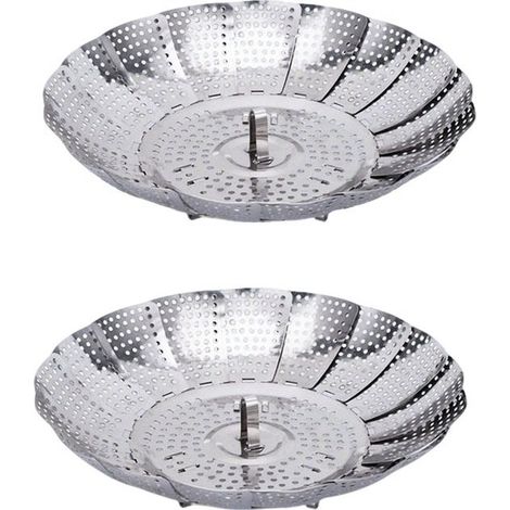 Bol extensible para fruta de 2 piezas con desagüe, Cesta vaporera de acero inoxidable para verduras, Cesta vaporera plegable extensible, Plateado (1/5)