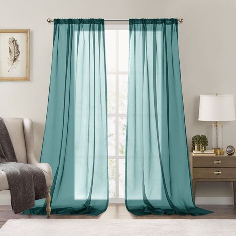 Rideaux Voilage Tergal Uni Translucide - Lot de 2 Panneaux Prêts à Poser pour Salon, Villa et Petit Appartement - Modèle 10816A-18 Bleu Paon (55 x 84 Pouces / 140 x 214 cm)-lsw