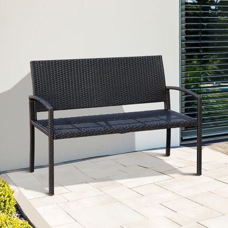 Panchina da giardino a 2 posti, panchina da esterno con schienale e seduta in rattan PE, portata massima 240 kg, 122x60x85 cm, nera. (1/5)