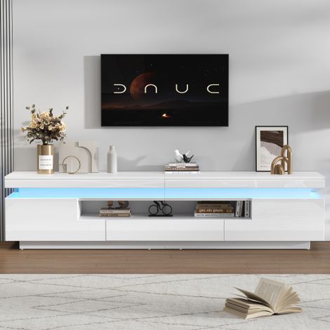1753845cm Meuble TV avec 2 armoires en forme de L et 1 tiroir,Meuble de salon brillant avec LED,Buffet bas avec espace de rangement semi-ouvert,Meuble TV sur pied adapté aux téléviseurs d'environ 75 p (1/5)