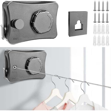 Stendibiancheria estensibile da 5 m - Extra resistente - Con due opzioni di fissaggio - Retrattile - Per uso interno ed esterno - Carico massimo: 20 kg - Grigio (1/5)