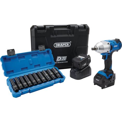 Draper D20 20V Brushless Mid-Torque Impact Wrench Kit with 1/2" Square Drive, 10-Piece Metric Deep Impact Socket Set, and 3.0Ah Battery