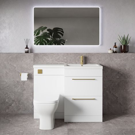Napoli 390 Gloss White 1100mm 2 Drawer Vanity Unit Toilet Suite with Square Right Hand Lucia Basin - 1100mm - Brushed Brass 320mm HandleWith Kingston Toilet Pan and Seat
