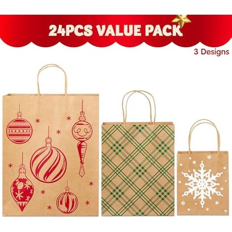 Lot de 24 sacs cadeaux de Noël en papier kraft de tailles assorties, sacs d'emballage réutilisables avec poignées pour fête, anniversaire, festival, salle de classe, friandises, bonbons et