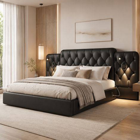 Cama canapé moderna 160x200 cm en PU negro con cabecero alargado, luces de lectura, puertos USB y apertura hidráulica (1/5)