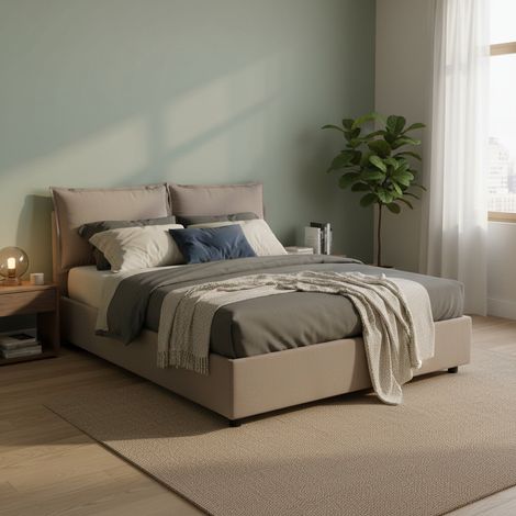 Talamo Italia - Letto alla francese Askari, Letto contenitore in tessuto, Apertura frontale, Adatto per materasso Cm 140x190, 100% Made in Italy, Tortora (1/5)