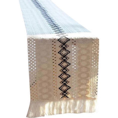 Nappe, chemin de table, patchwork de coton et lin, avec pompons, drapeau de table blanc pour décoration de mariage et de fête prénuptiale (1/5)