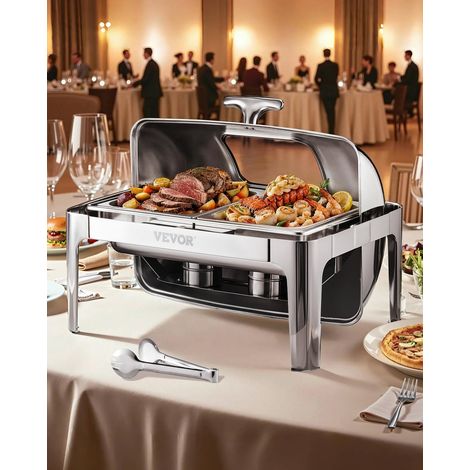 Chauffe-Plat Rectangulaire 3,9 L, Buffet Chauffant avec Couvercle Rabattable Visible, Réchaud en Acier Inoxydable avec 2 Bacs Demi-taille, pour Buffet Libre-Service Hôtel Traiteur Restauration (1/5)