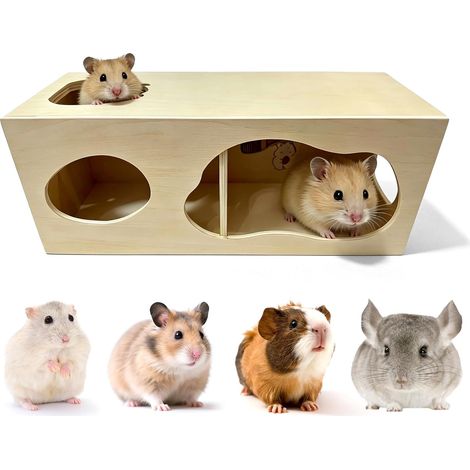 Maison pour hamster en bois - 30 x 12 x 12 cm - Maison multi-chambres pour hamster - Tunnel et cachette - Jouet d'exploration - Aire de jeu pour hamster nain, gerbille, degus (1/5)