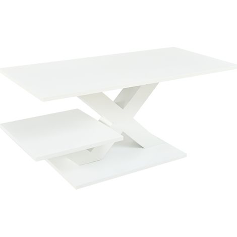Mesa de centro blanca brillante 100x48x45 cm MDF con doble tablero y patas geométricas en X (1/5)